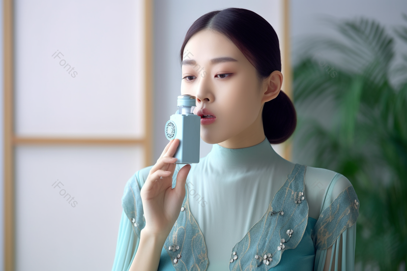 美容院技师咳嗽使用鼻炎喷雾,高清,摄影图,摄影图片,图片大全,摄影图免费下载